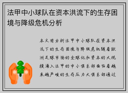 法甲中小球队在资本洪流下的生存困境与降级危机分析