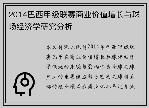 2014巴西甲级联赛商业价值增长与球场经济学研究分析