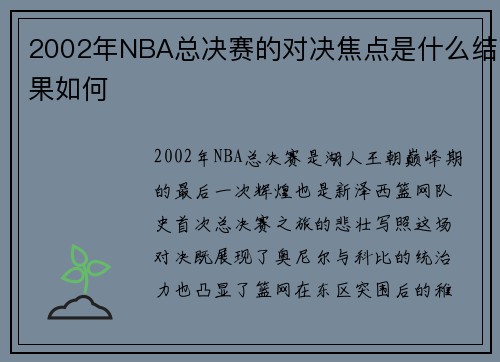 2002年NBA总决赛的对决焦点是什么结果如何
